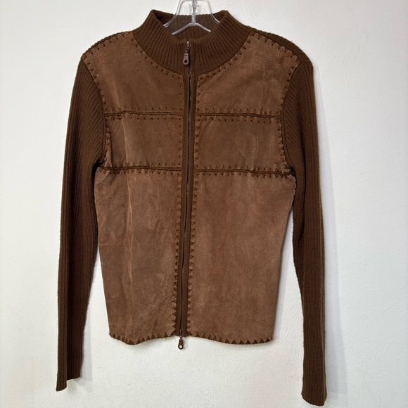 Vintage Wool Blend Suede Leather Patchwork Zip Cardigan Jacket Sweater Boho 70s - Picture 3 of 16